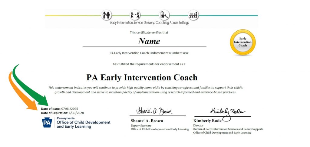 sample PA Early Intervention Coach certificate